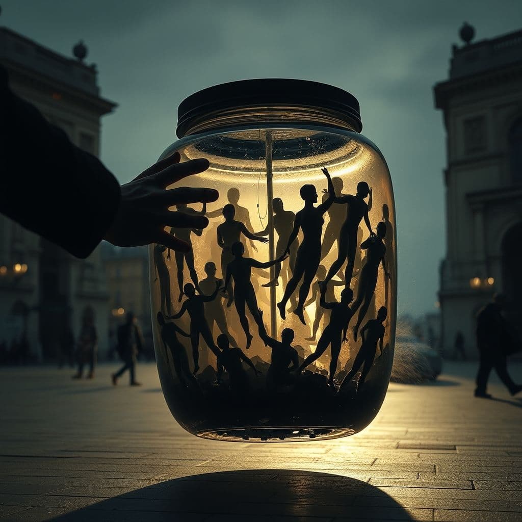 Manos invisibles agitando frasco social metafórico