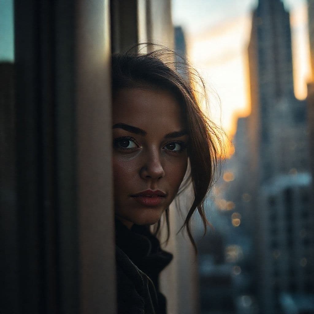 Persona mirando por la ventana con expresión contemplativa y vulnerable