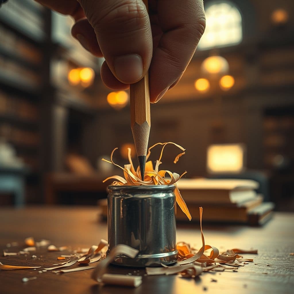 Mano afilando un lápiz con un sacapuntas, simbolizando el proceso de crecimiento personal.