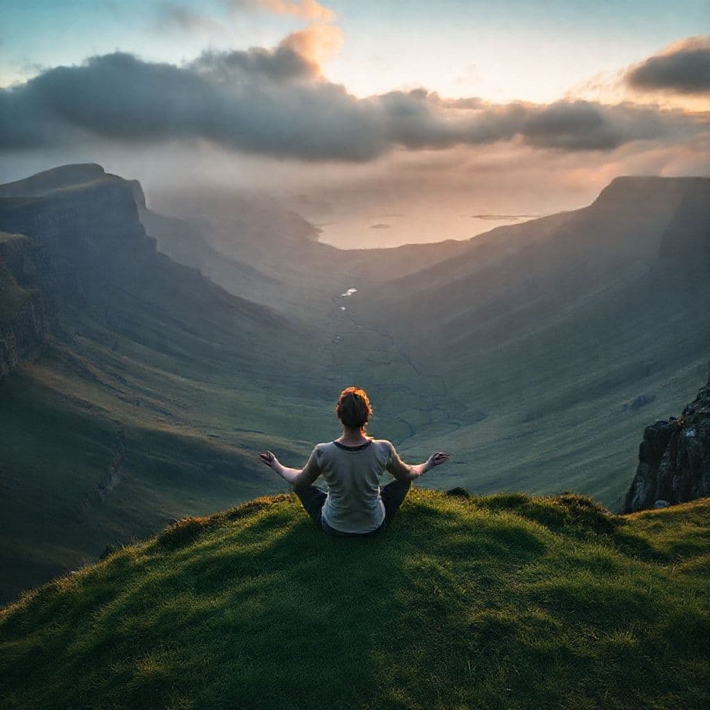 Persona meditando o reflexionando sola en un entorno natural, transmitiendo paz interior y autosuficiencia