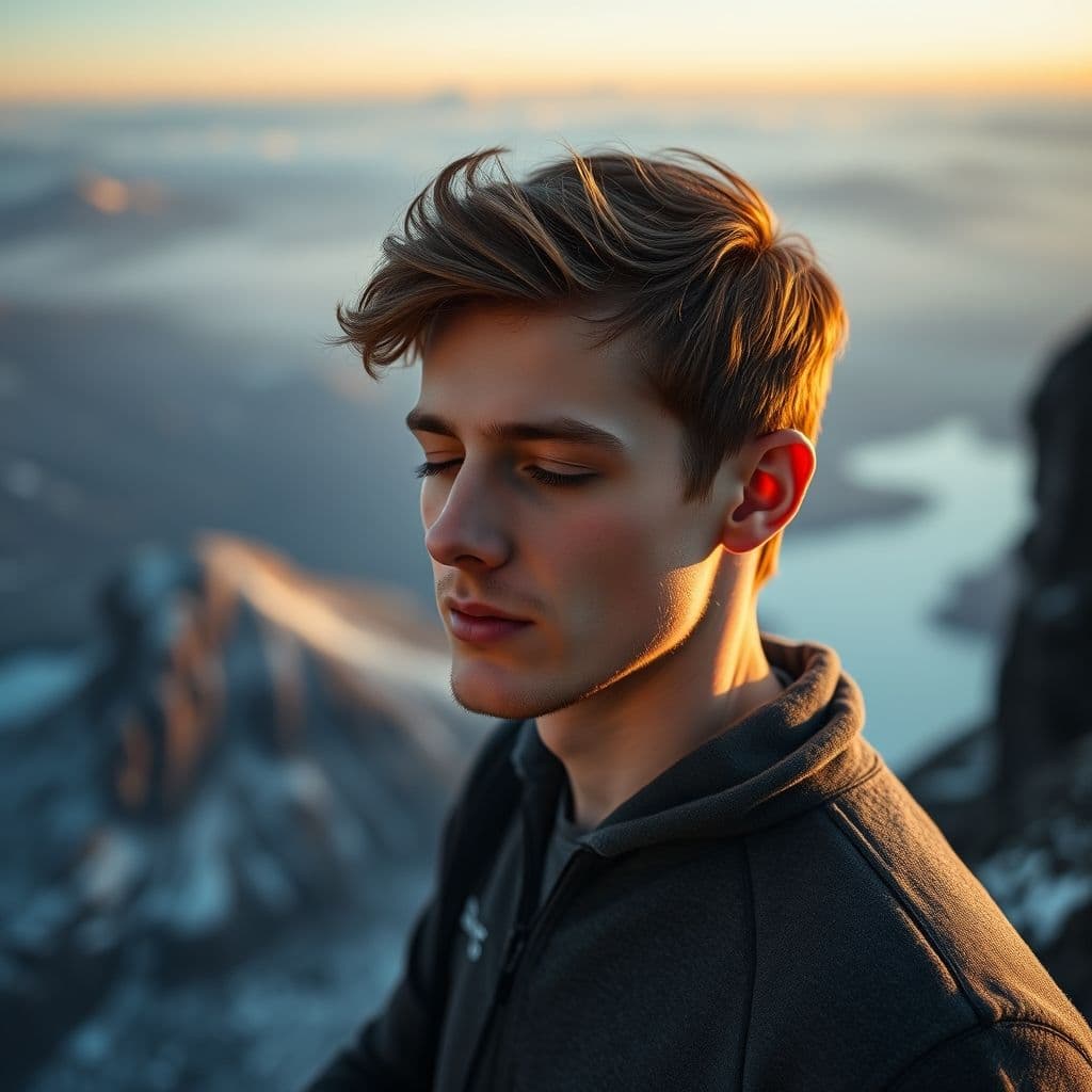 Persona meditando al amanecer con expresión de serenidad