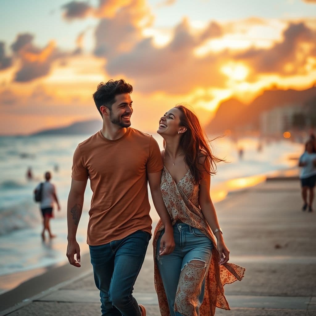 Pareja caminando de la mano en un atardecer, mostrando amor genuino