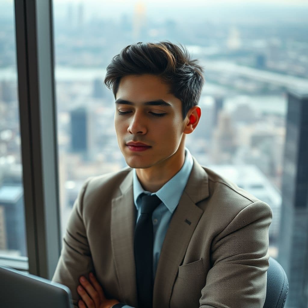 Persona practicando meditación en su lugar de trabajo