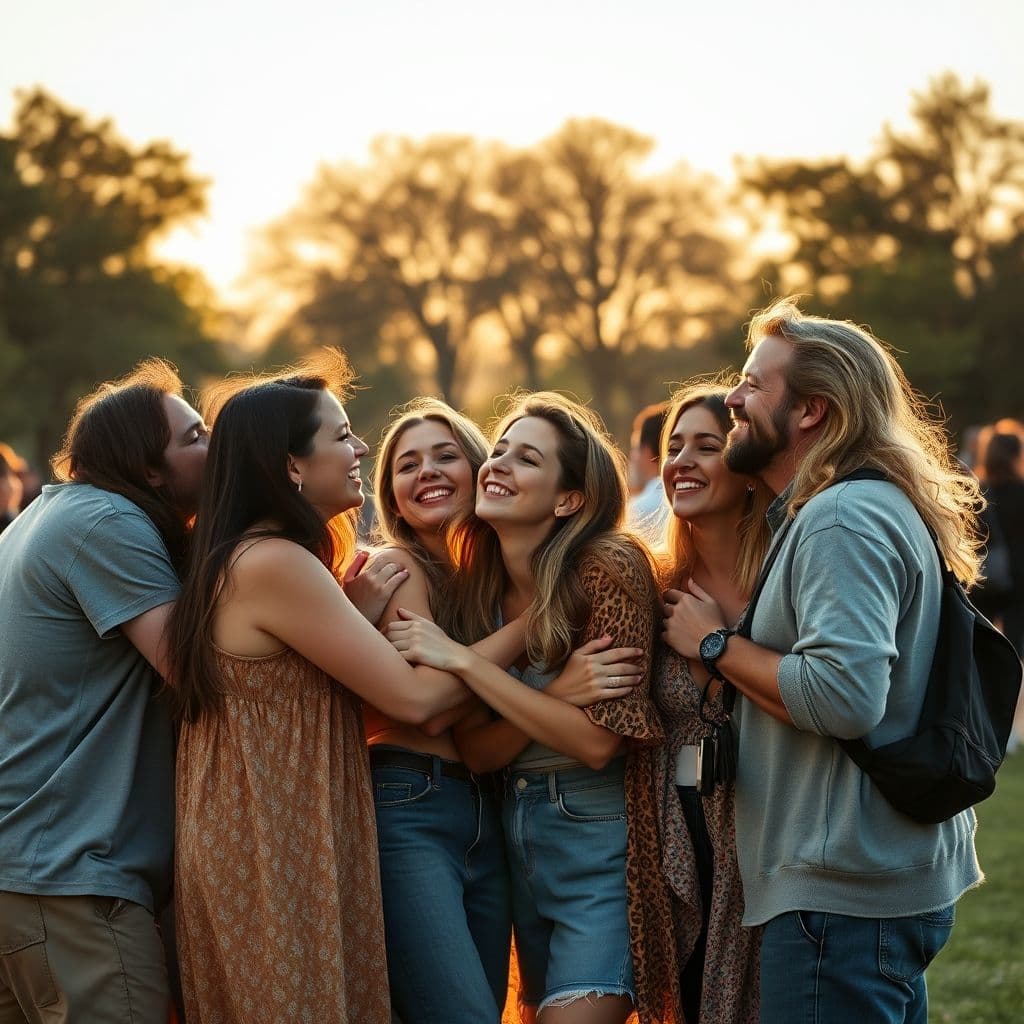 Grupo de personas abrazándose y sonriendo, mostrando gratitud y conexión.