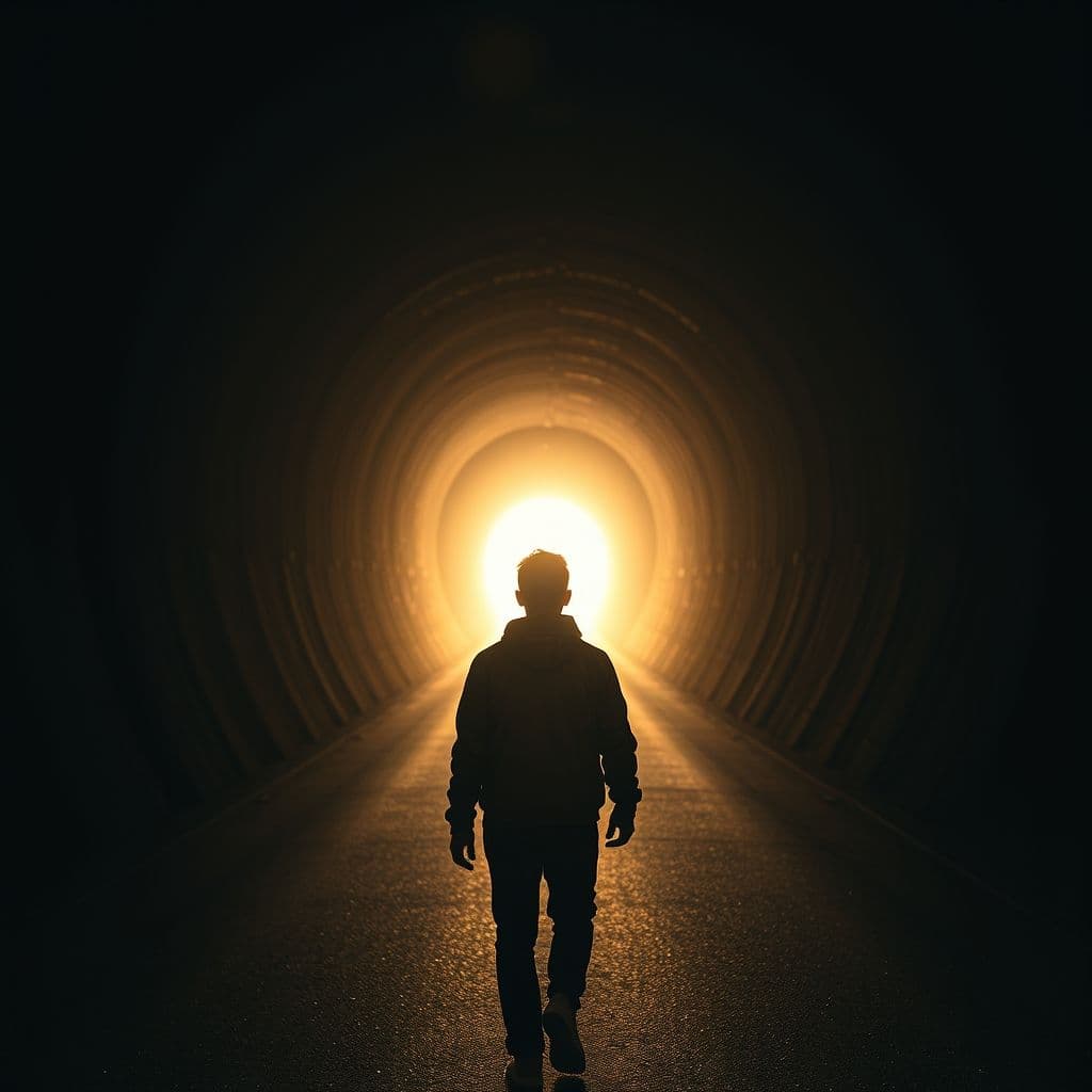 Persona caminando hacia la luz al final de un túnel oscuro, simbolizando fe y perseverancia