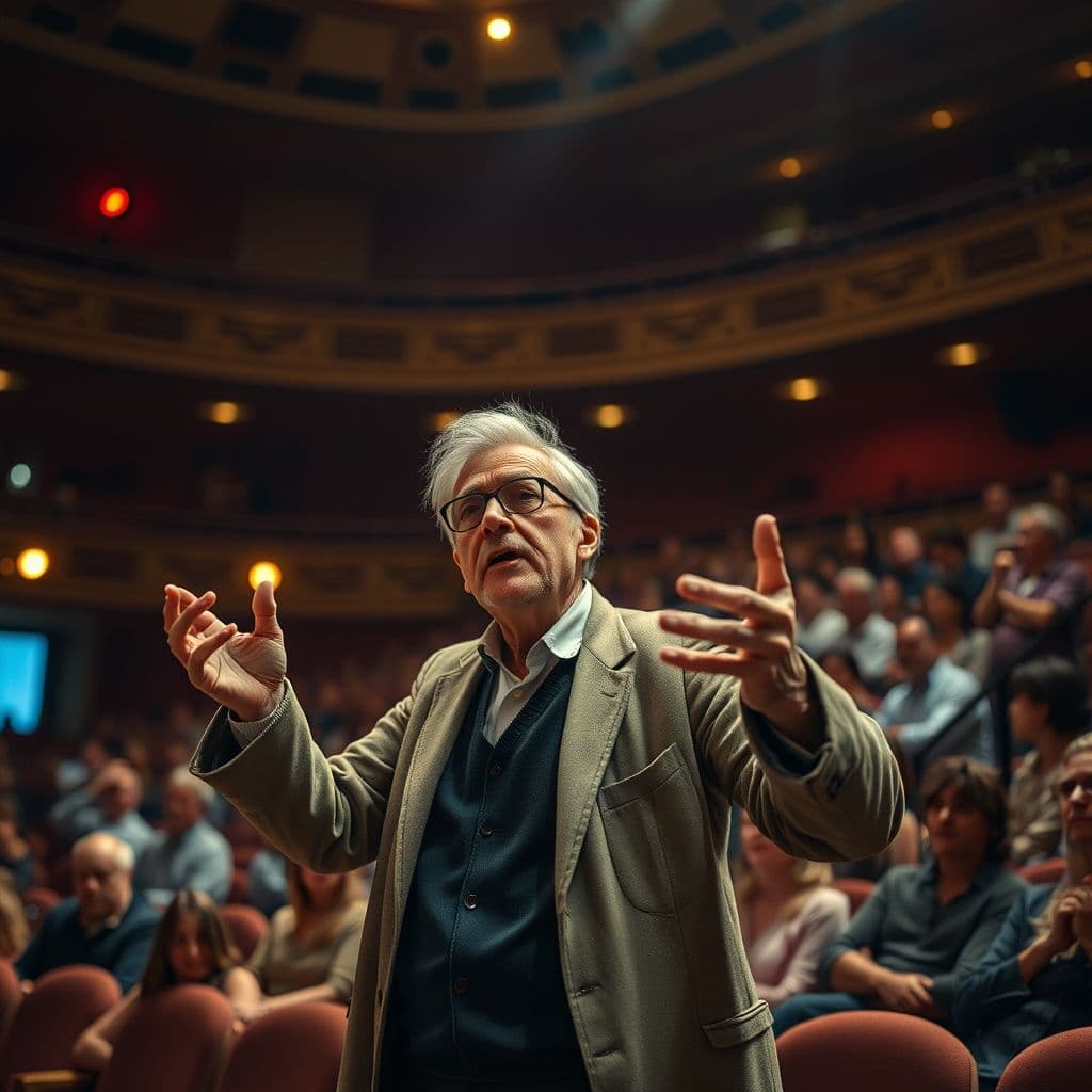 Científico explicando un concepto complejo a una audiencia diversa con claridad y pasión.