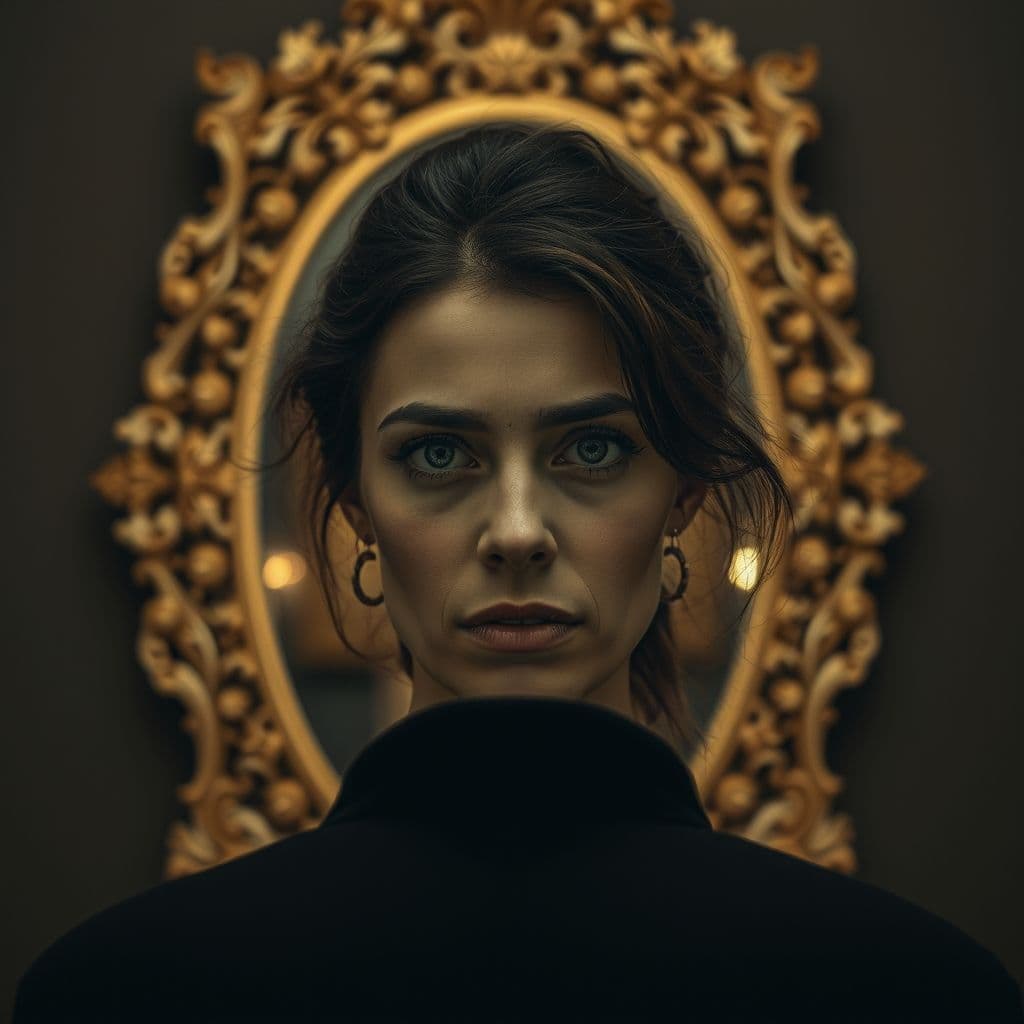 Persona mirando su reflejo en un espejo roto, simbolizando las críticas y la búsqueda de autenticidad.