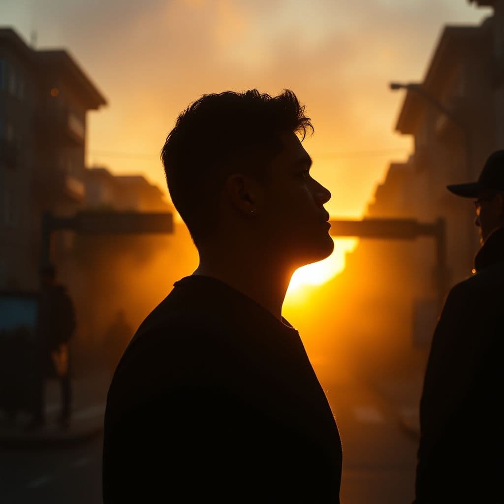 Persona mirando hacia el horizonte con dos figuras borrosas a cada lado representando influencias positivas y negativas