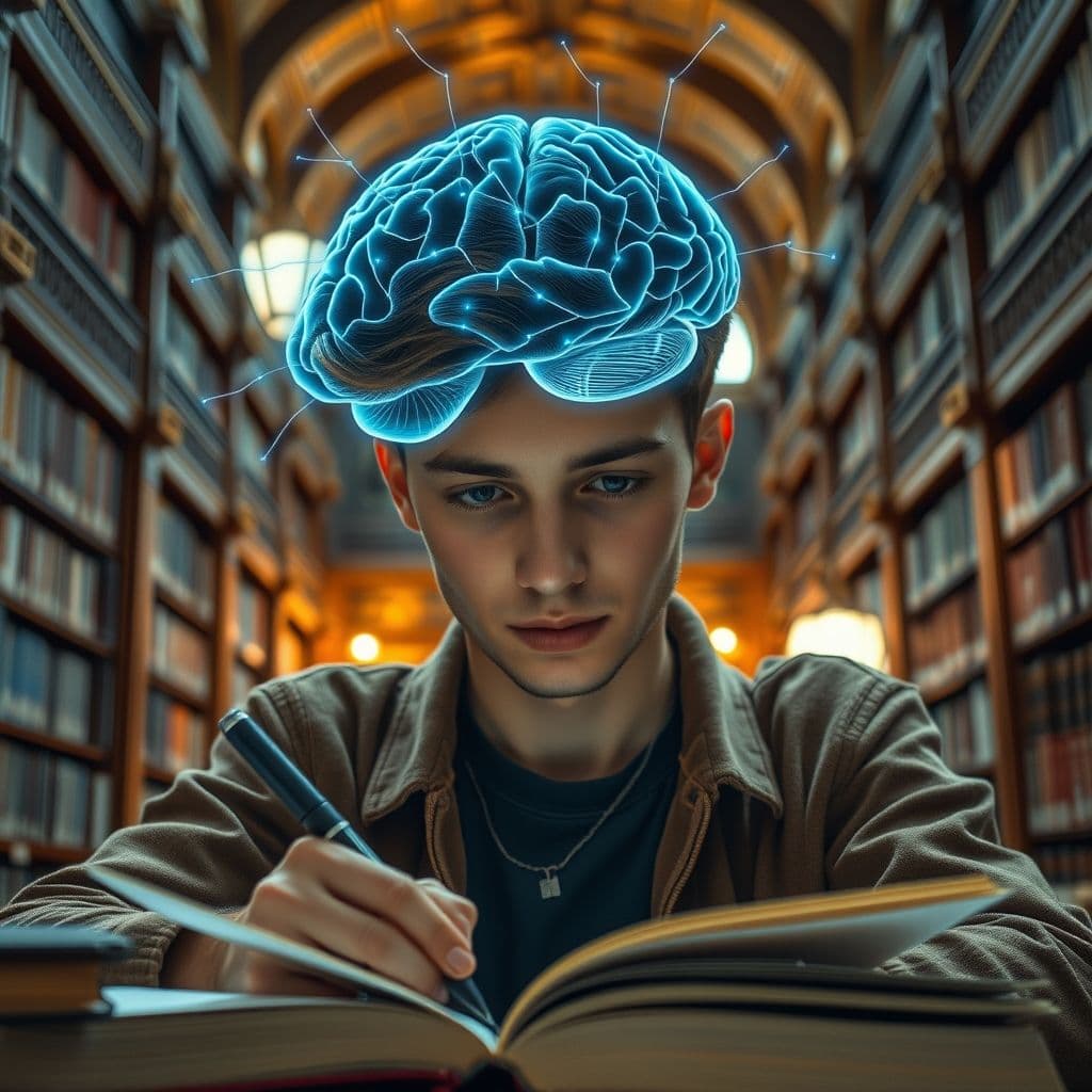 Joven estudiando con determinación mientras visualiza su crecimiento mental