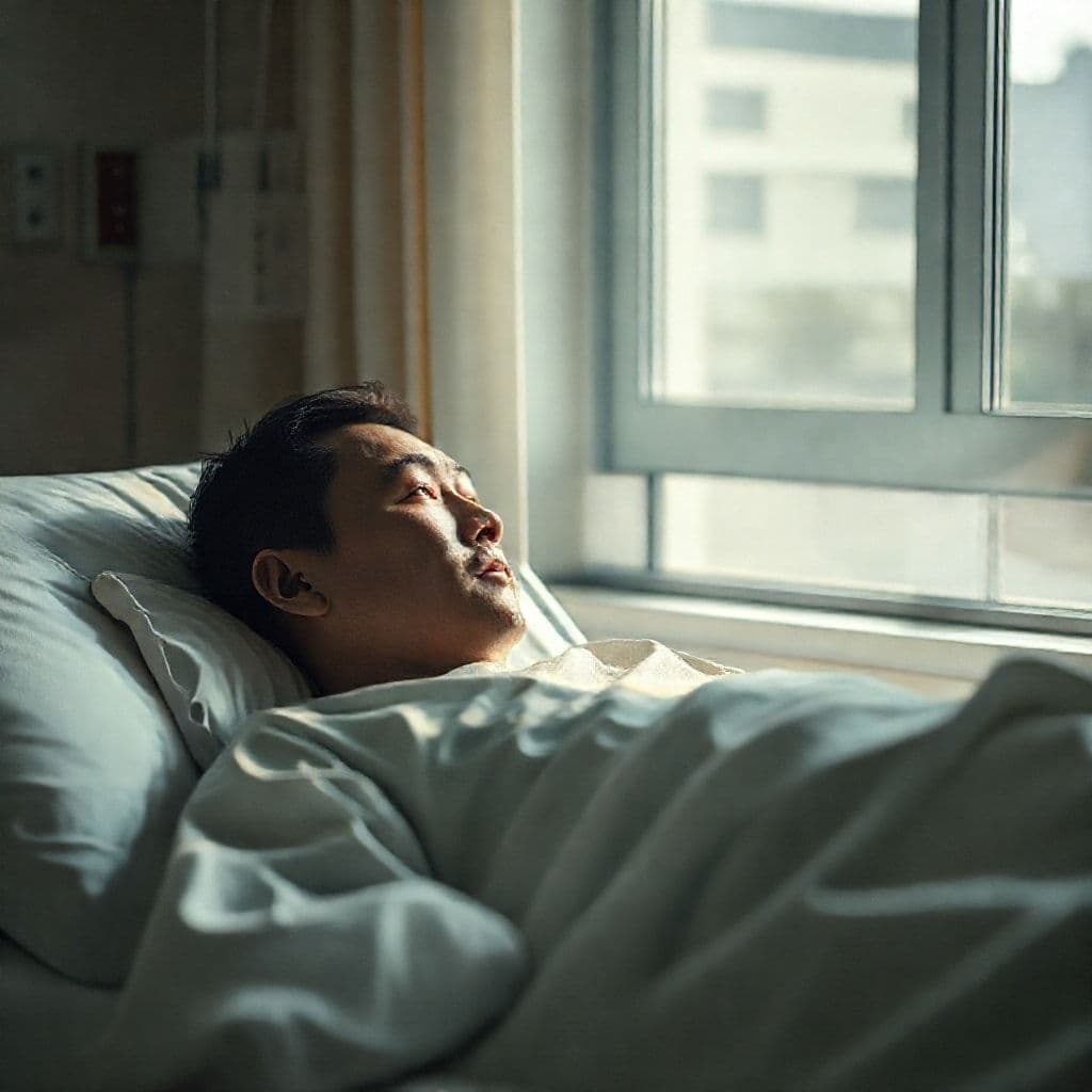 Persona en una cama de hospital mirando por la ventana con expresión reflexiva