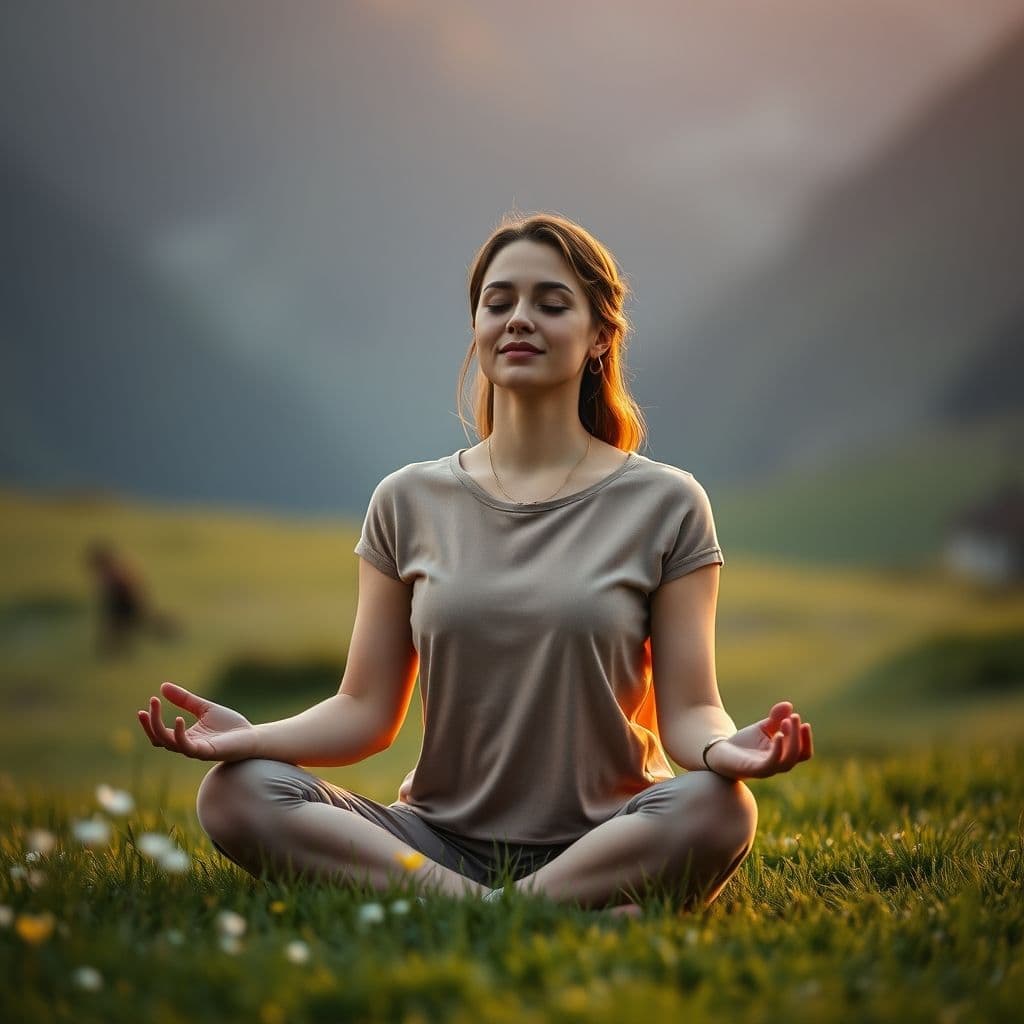 Mujer meditando en un entorno natural al atardecer, simbolizando paz interior y madurez emocional.