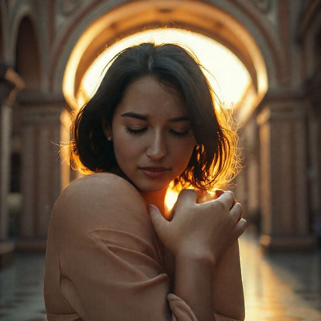 Persona abrazándose a sí misma con expresión de paz y autocompasión, simbolizando el amor propio