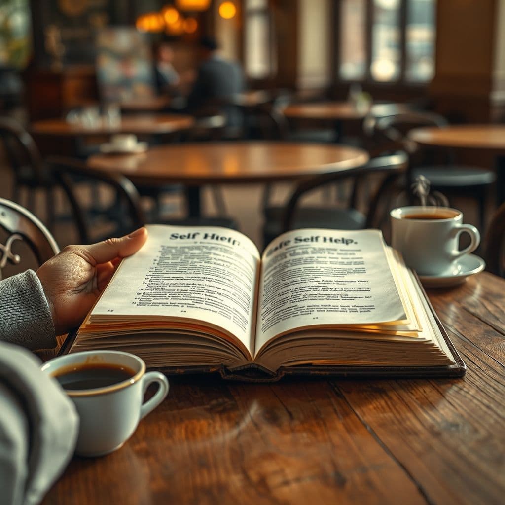 Persona leyendo un libro de desarrollo personal con una taza de café