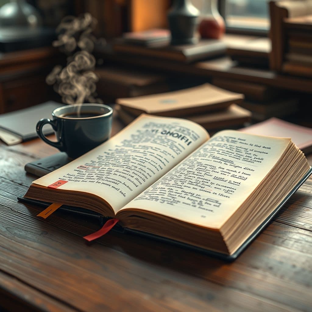 Libro Piense y Hágase Rico abierto con anotaciones y post-its