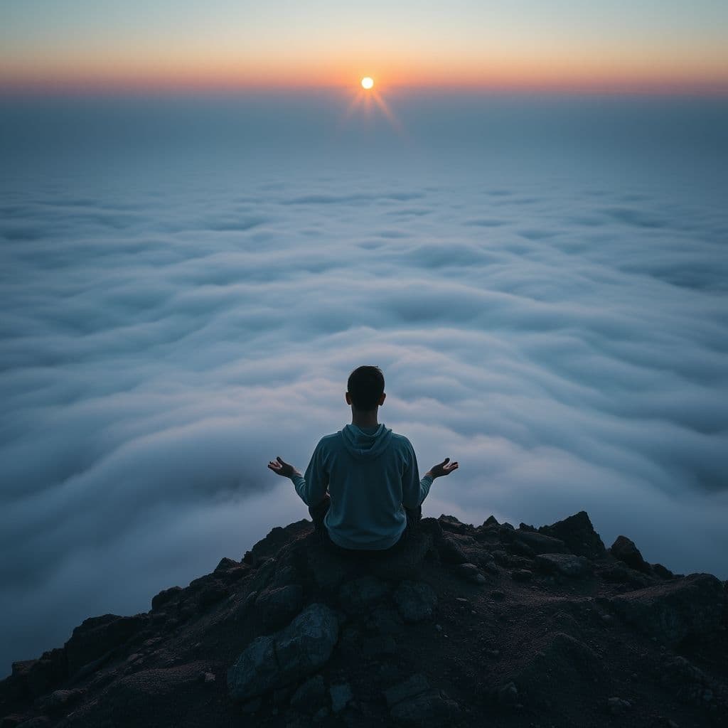 Persona meditando en cima de montaña al amanecer, simbolizando superación y crecimiento personal