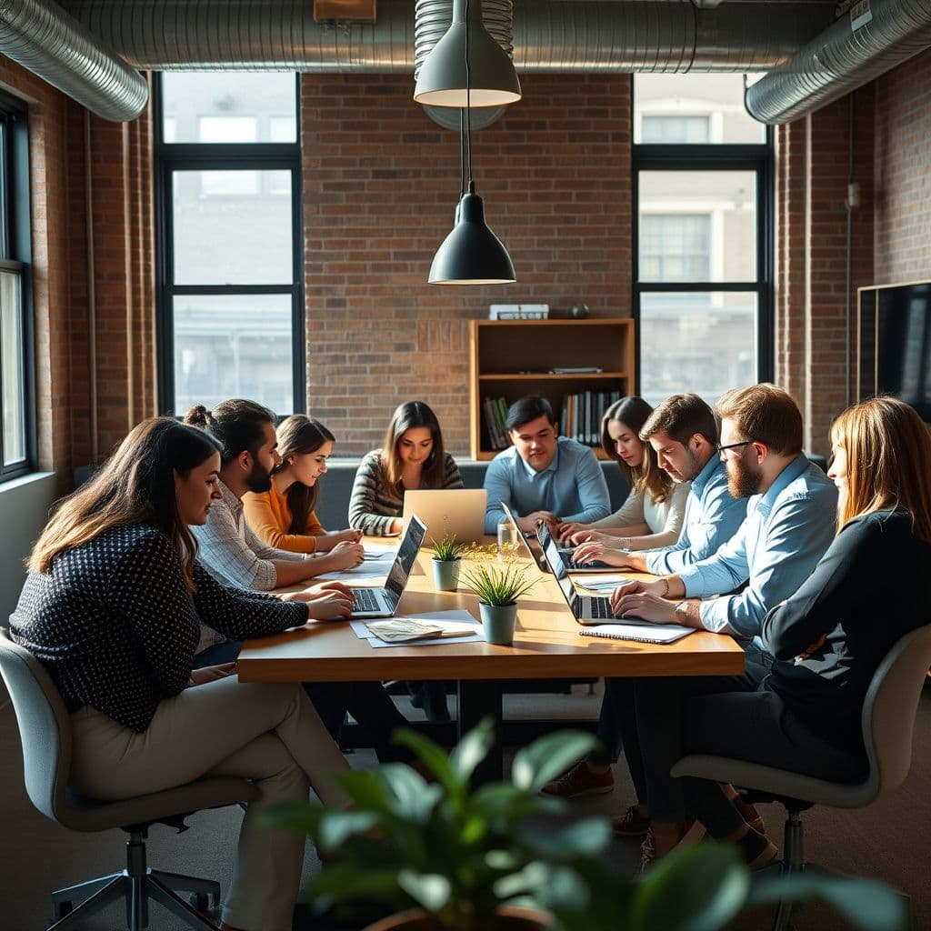 Grupo diverso de personas colaborando y sonriendo en un entorno profesional