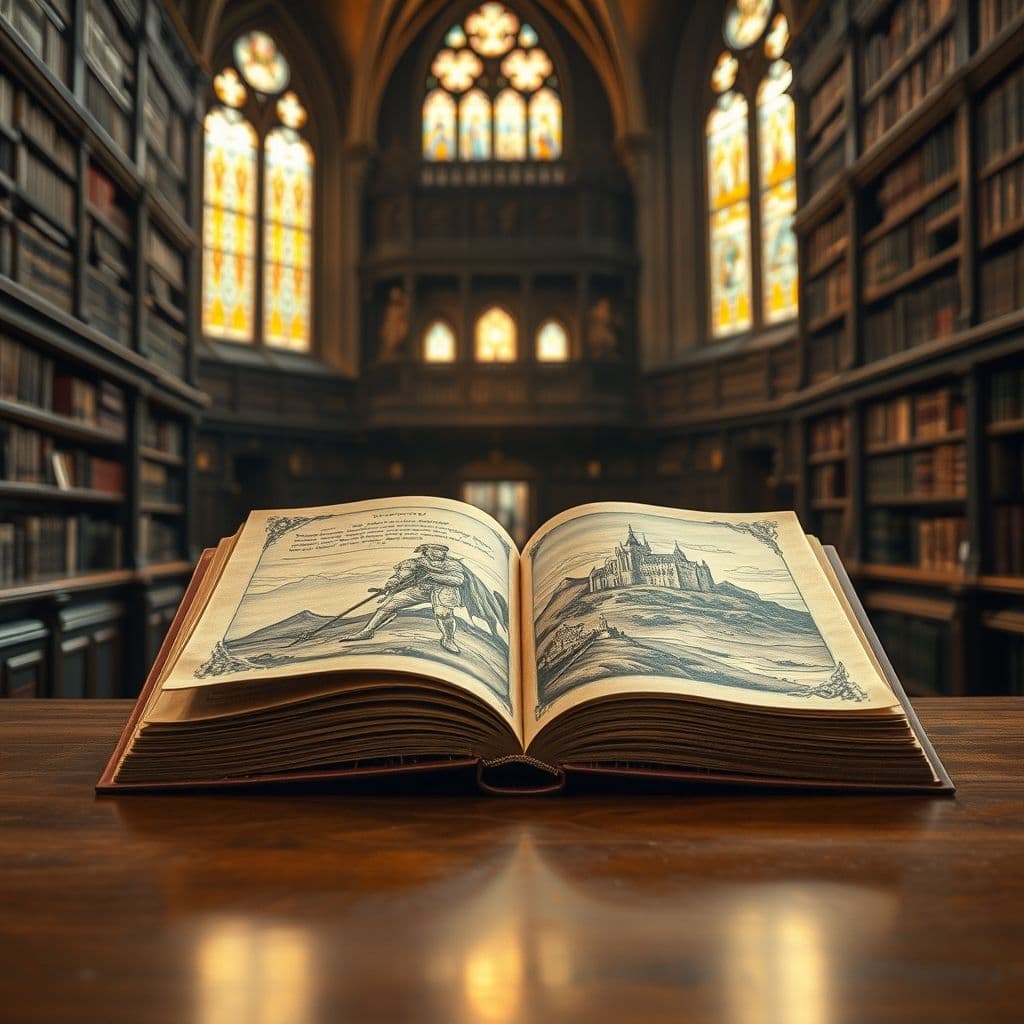 Libro El Caballero que Creyó en Sí Mismo abierto con ilustraciones medievales