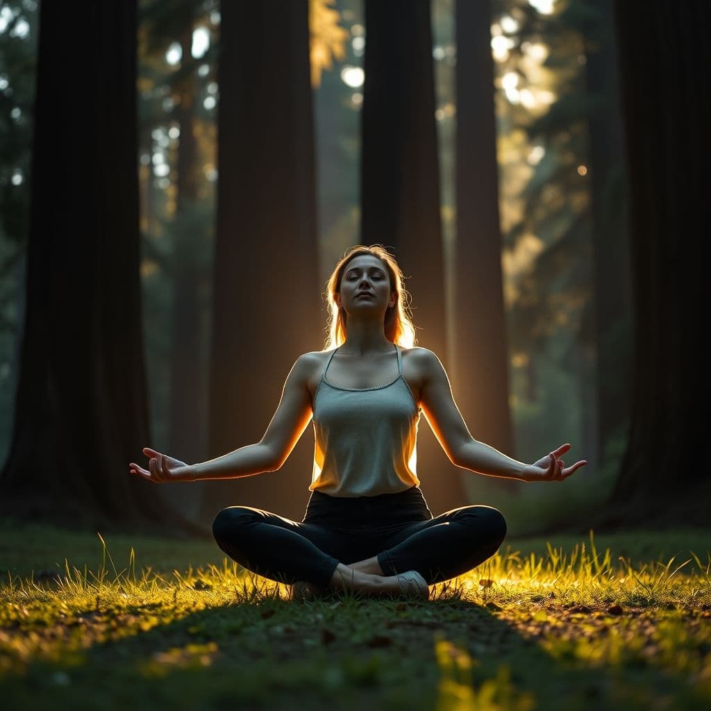 Persona meditando en un entorno tranquilo al atardecer