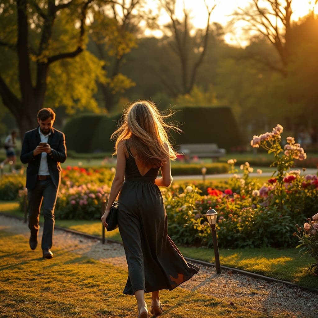 Dos personas en un parque, una intentando llamar la atención de la otra que mira su teléfono.