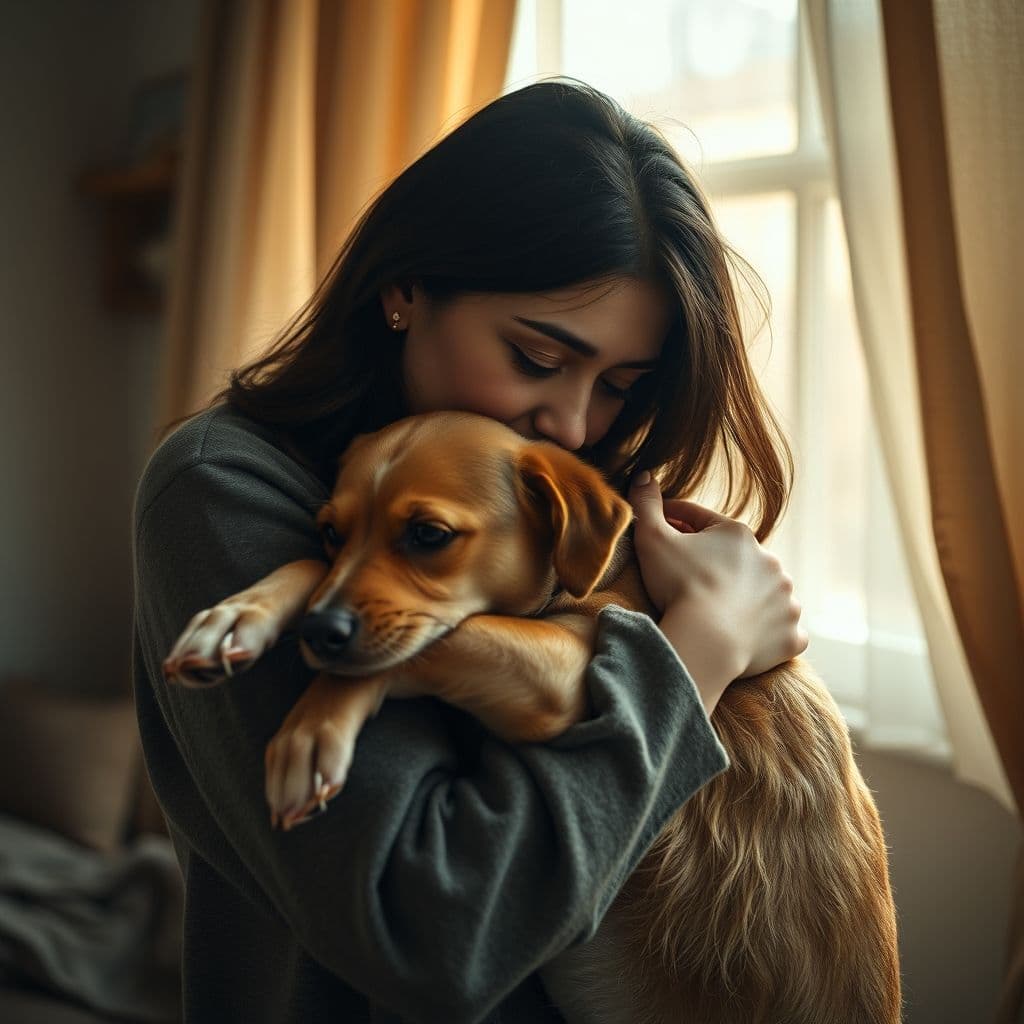 Persona abrazando a su perro enfermo, mostrando amor y dolor simultáneamente.
