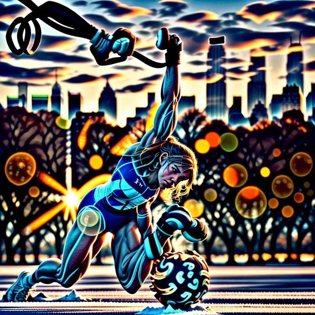 Atleta entrenando con máxima intensidad al amanecer.