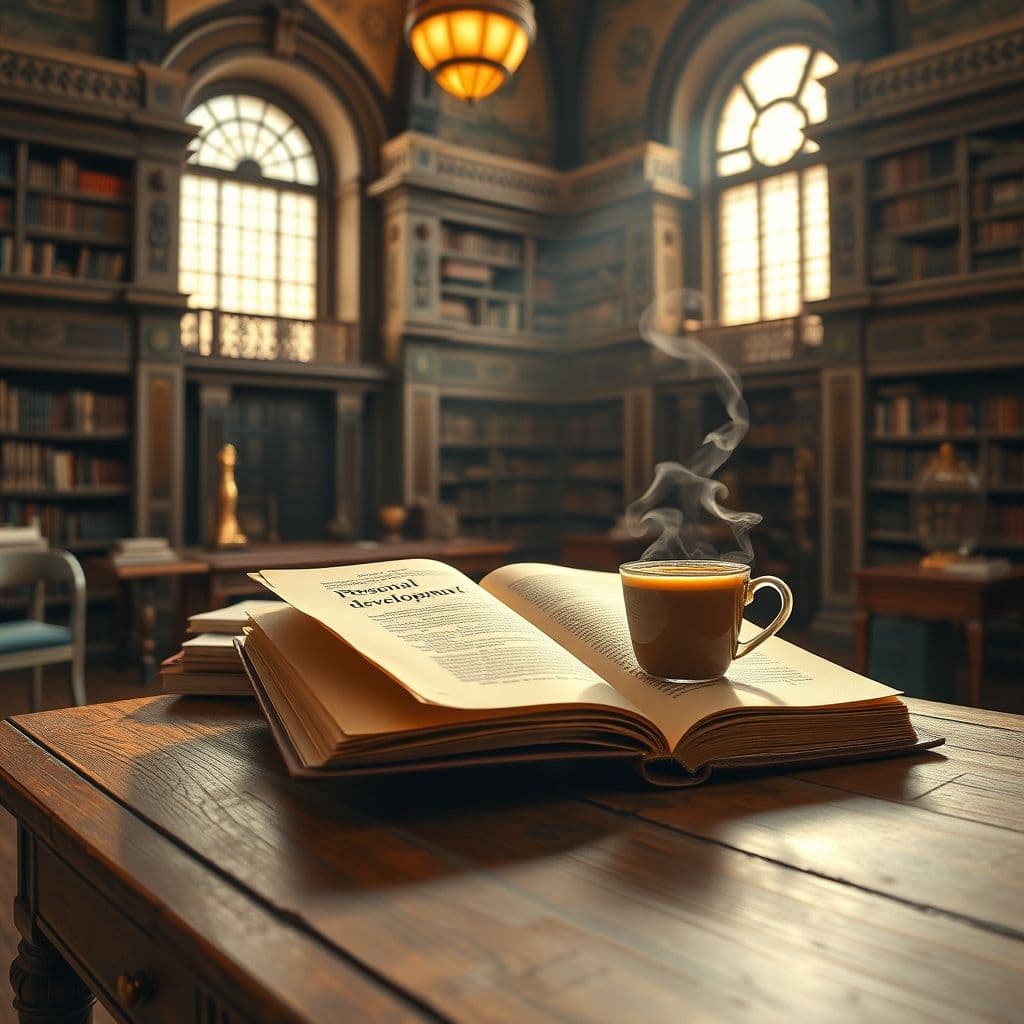 Libro clásico de desarrollo personal abierto en un escritorio con taza de café.