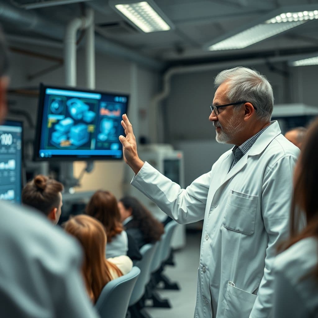 Científico explicando el impacto de su investigación a una audiencia.