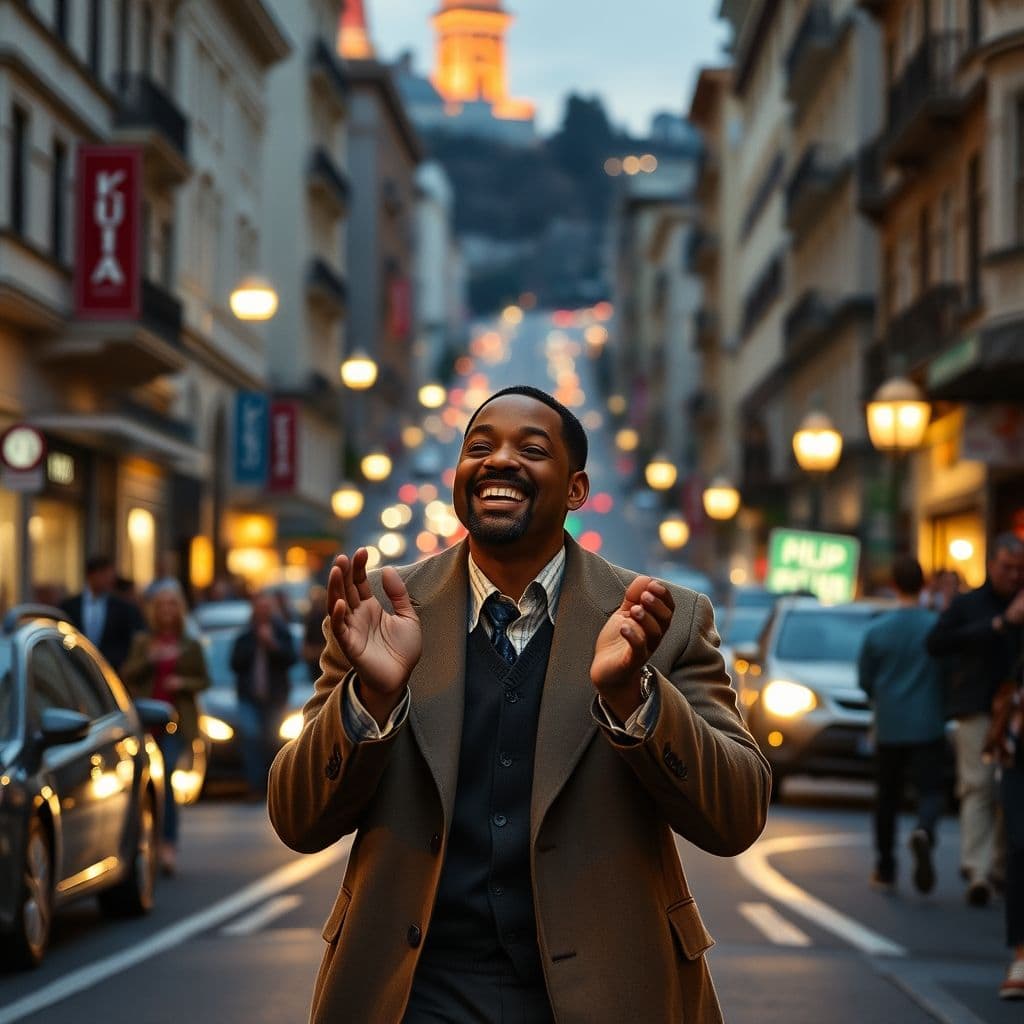 Chris Gardner celebrando su éxito en las calles de San Francisco.