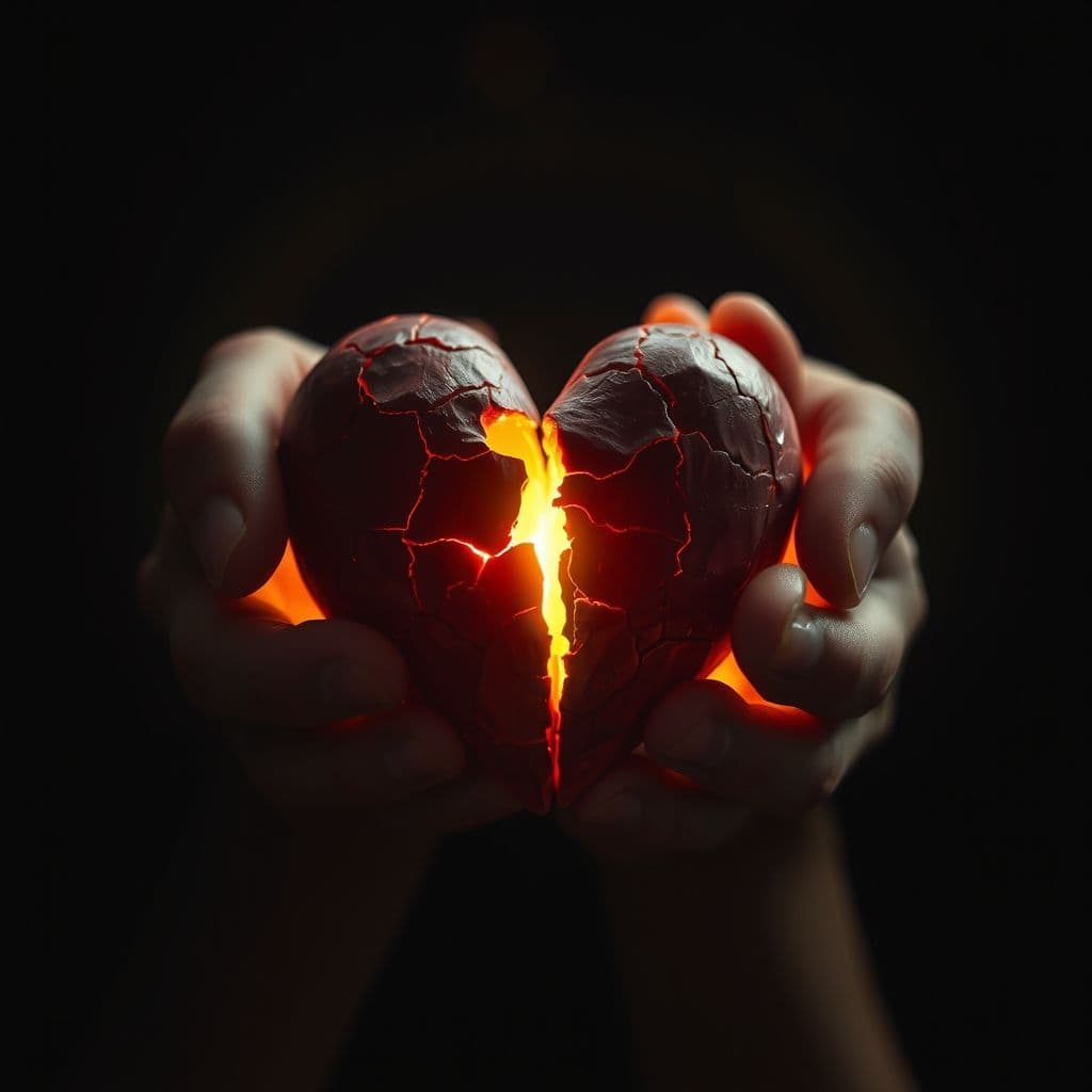 Manos sosteniendo un corazón roto que comienza a sanar, simbolizando la transformación del dolor.