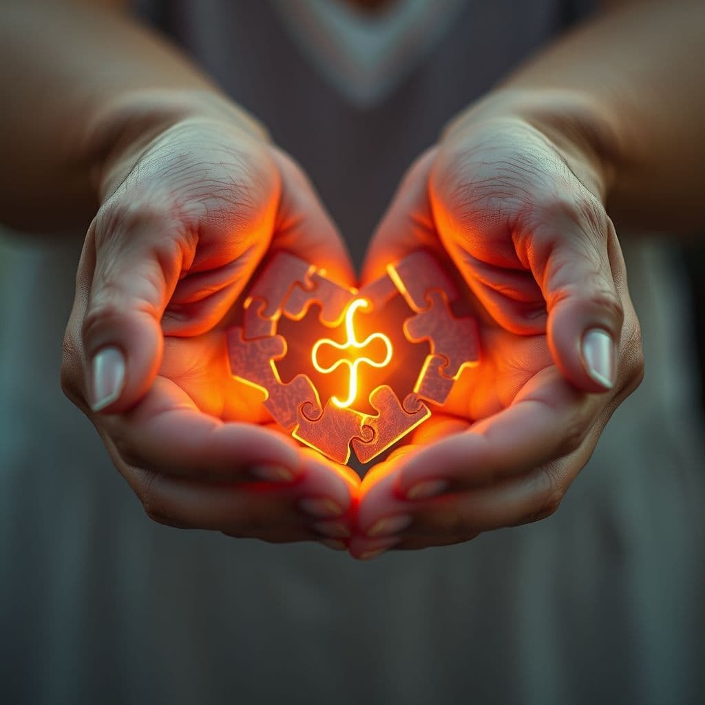 Manos sosteniendo un corazón hecho de piezas de rompecabezas únicas que encajan perfectamente