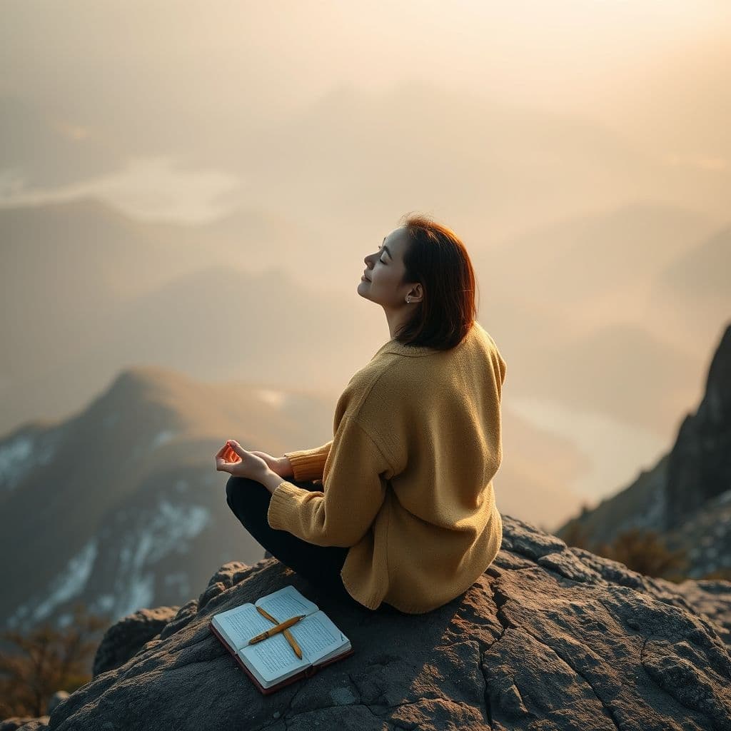 Persona meditando al amanecer con un cuaderno de metas