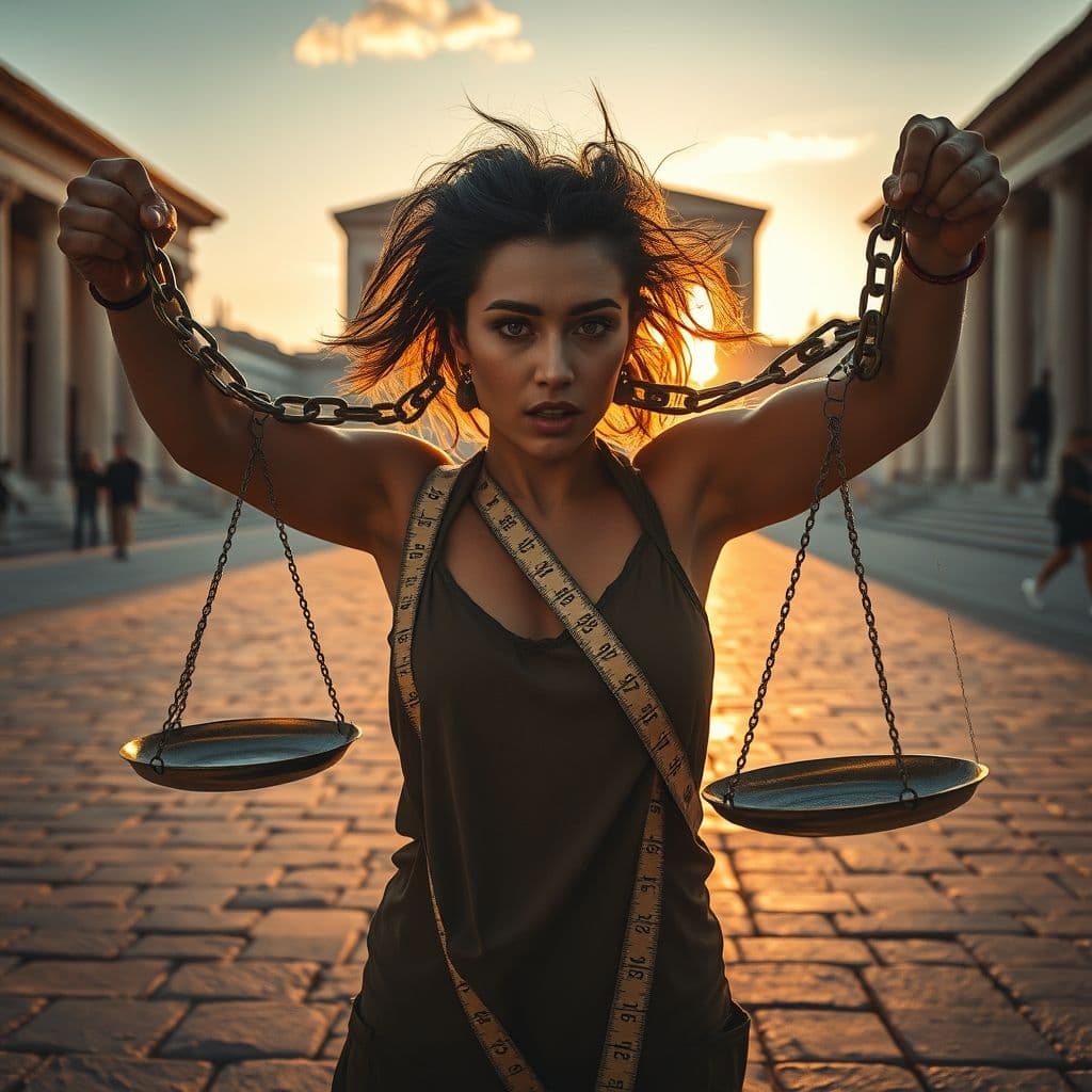 Mujer liberándose de cadenas simbólicas que representan inseguridades.
