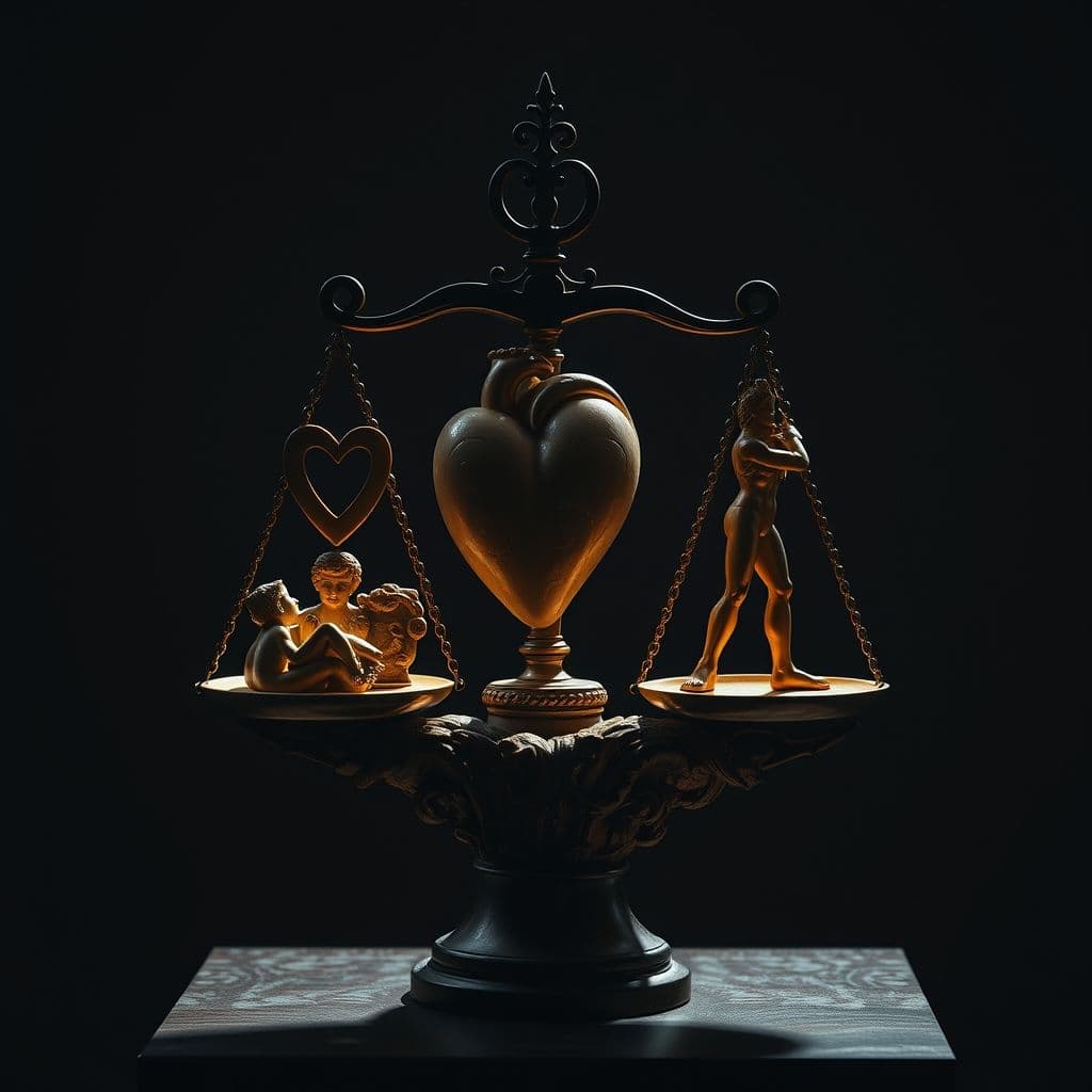 Balanza que muestra en un platillo símbolos de amor y en el otro símbolos de crecimiento personal