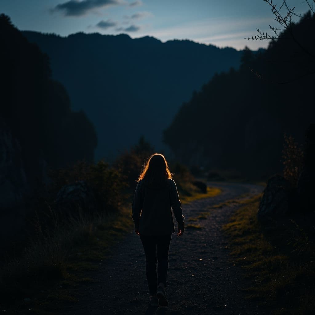 Persona caminando entre sombras y luces, simbolizando el camino hacia la autenticidad.