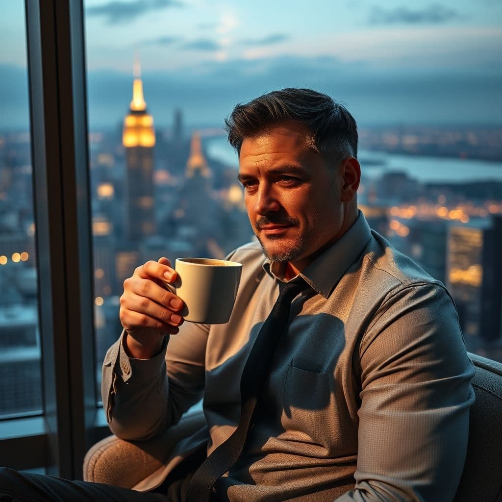 Persona exitosa madrugando con un amanecer de fondo