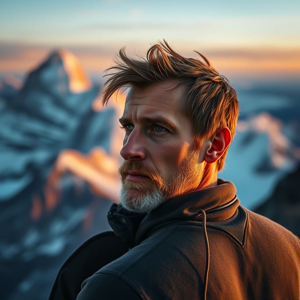 Hombre decidido mirando al horizonte con determinación durante el amanecer