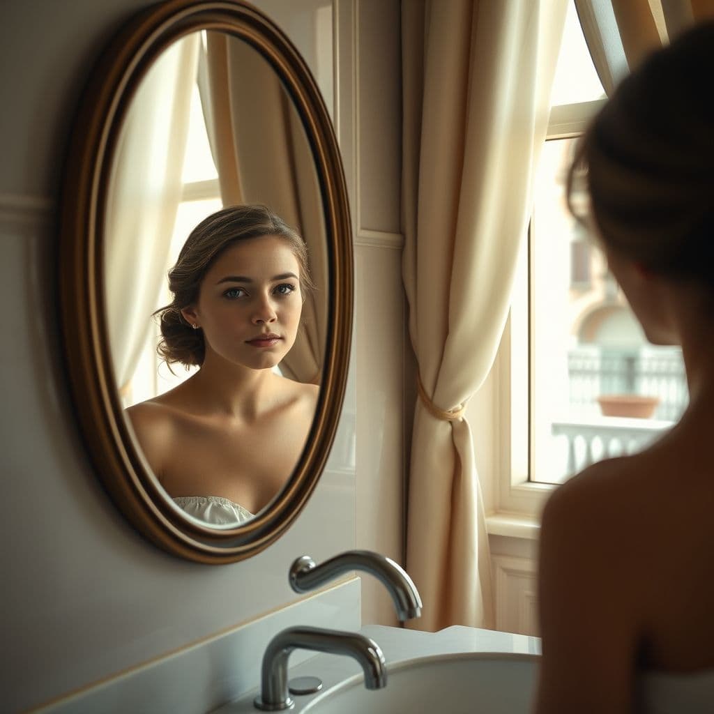 Mujer mirando su reflejo en un espejo con confianza y paz interior