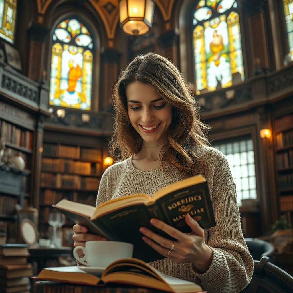Mujer sonriente disfrutando de tiempo a solas en una cafetería.