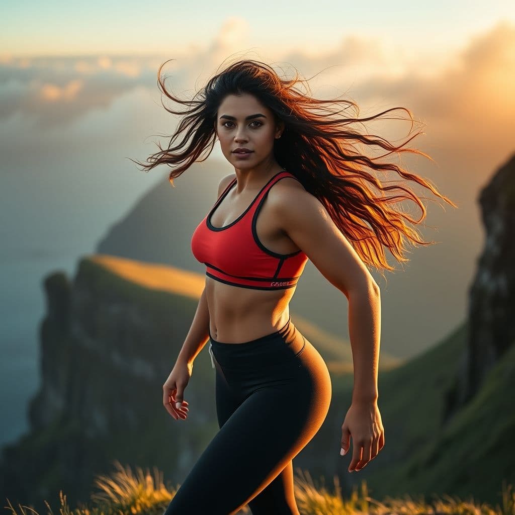 Mujer fuerte mirando al horizonte al amanecer, simbolizando renovación personal