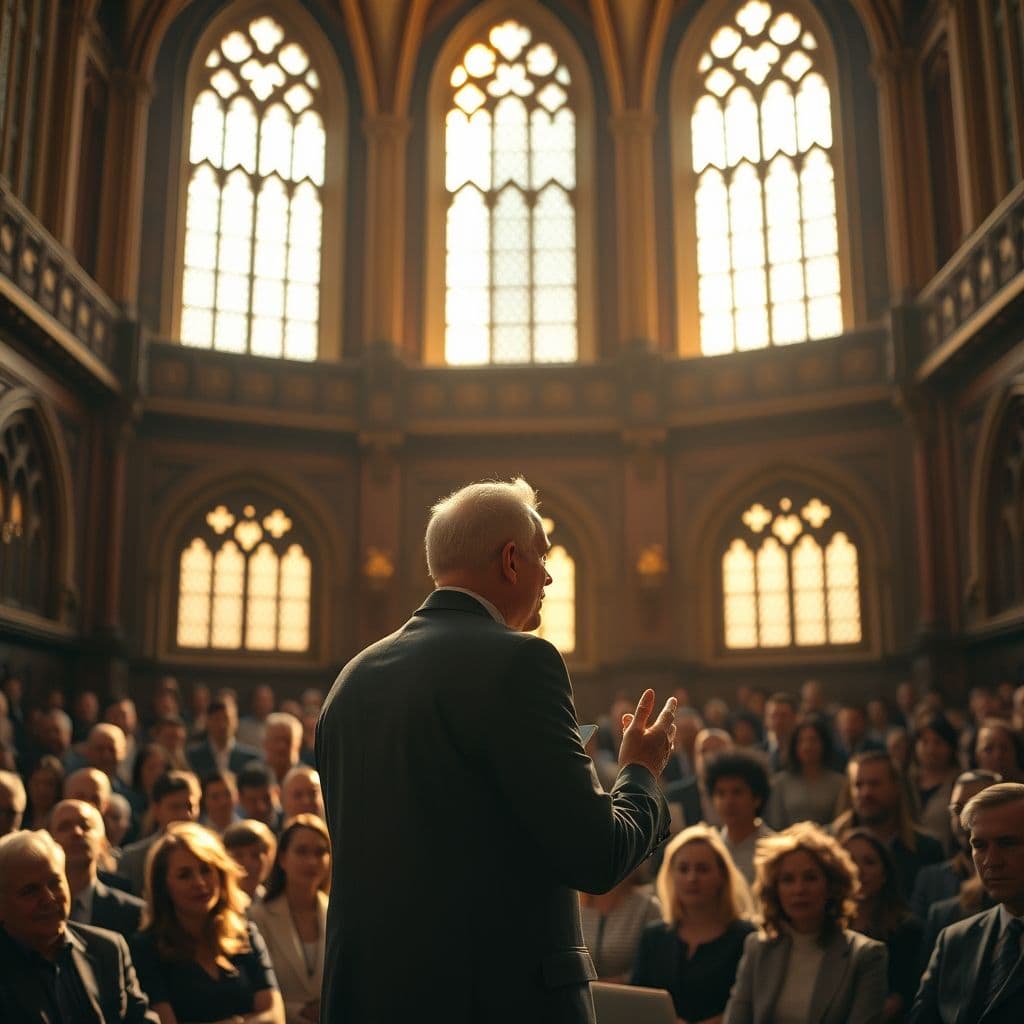 Líder inspirando a un grupo diverso de personas con su discurso, mostrando conexión emocional.
