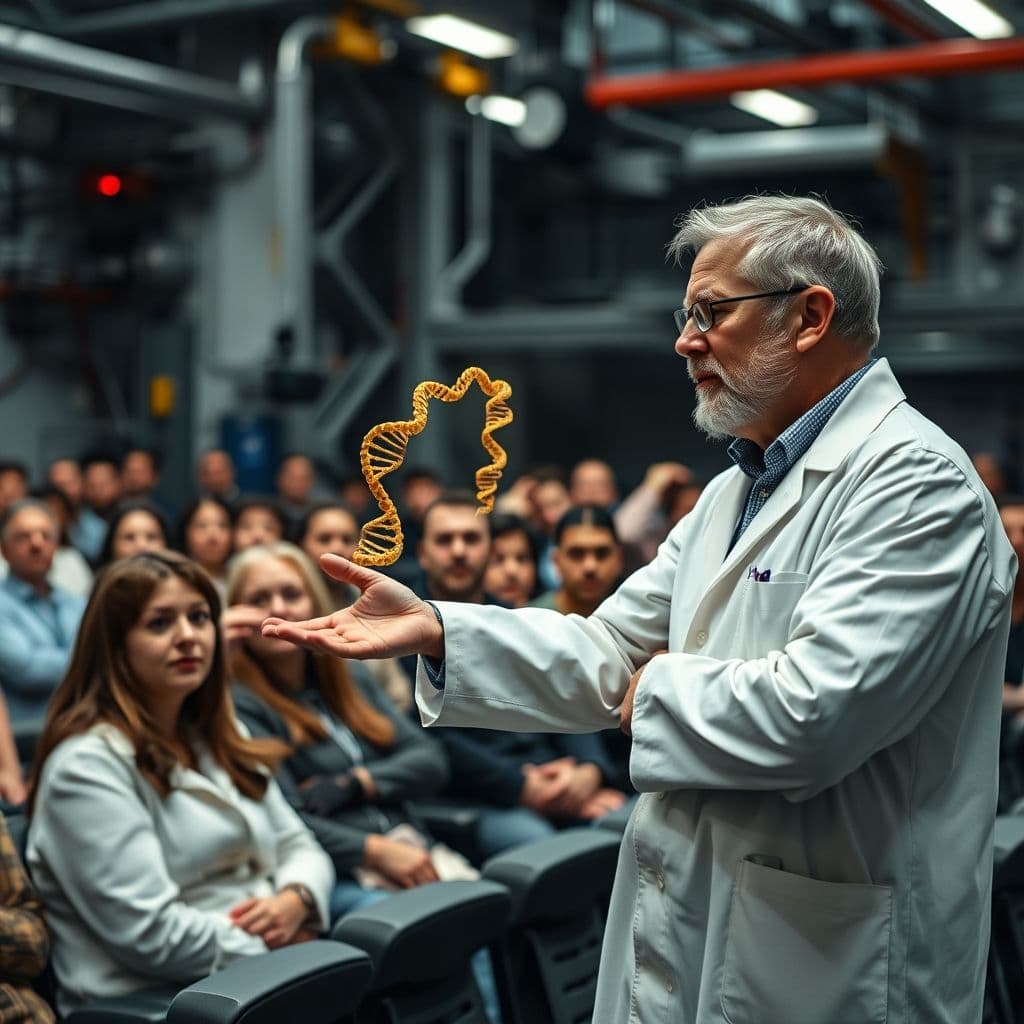 Científico usando una analogía visual para explicar un concepto complejo.