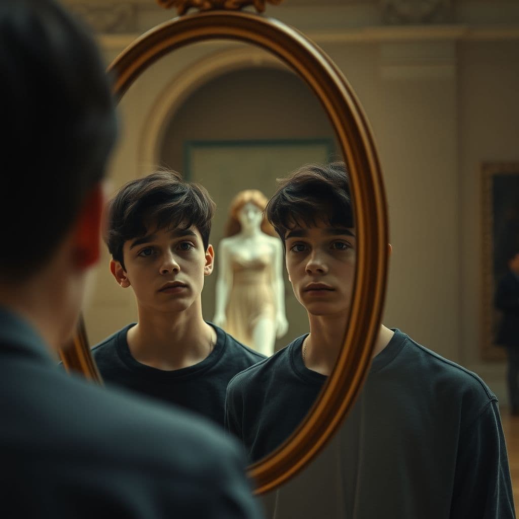 Hombre mirando su reflejo en un espejo mientras una figura femenina se desvanece en el fondo
