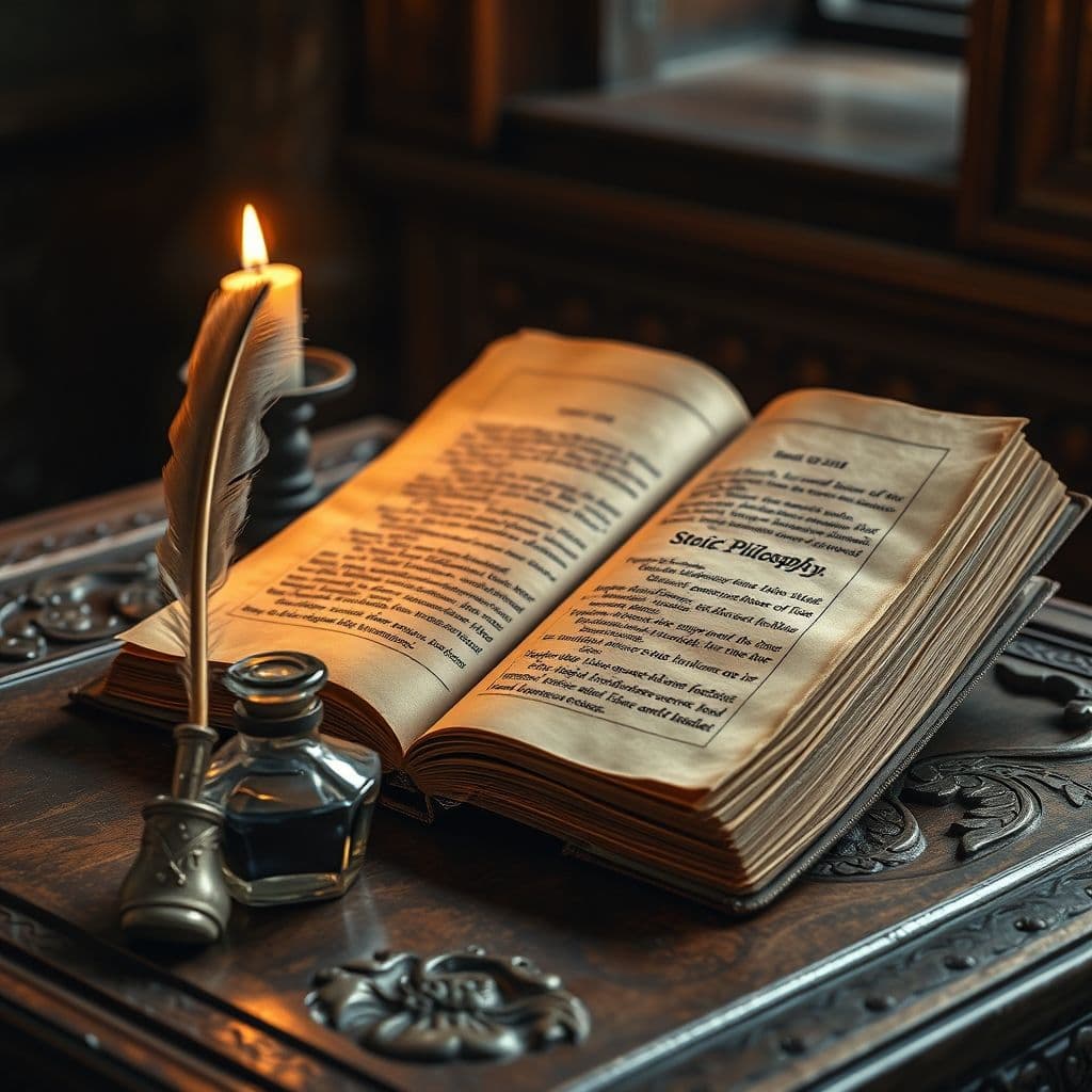 Libro antiguo de filosofía estoica abierto con pluma y tintero
