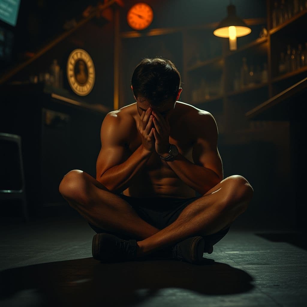 Hombre agotado sentado en el suelo con la cabeza entre las manos, simbolizando la frustración en el desarrollo personal