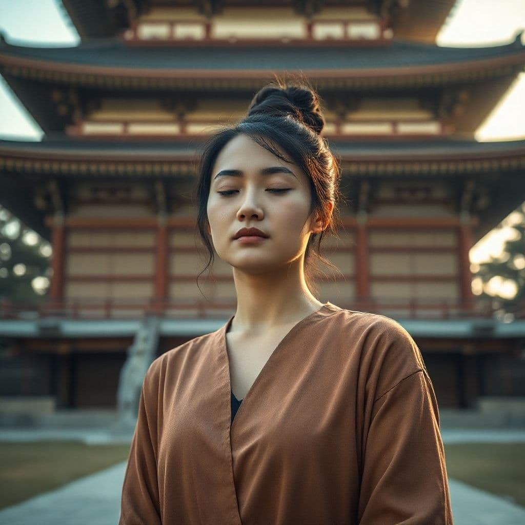 Persona meditando con expresión de paz interior y determinación