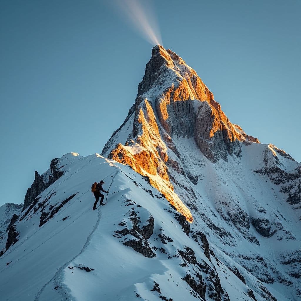 Persona escalando una montaña, simbolizando perseverancia.