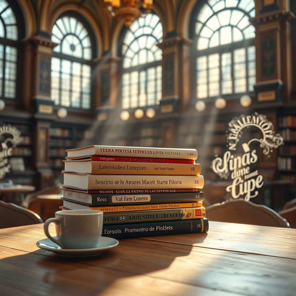 Libros de desarrollo personal apilados con luz suave y ambiente inspirador