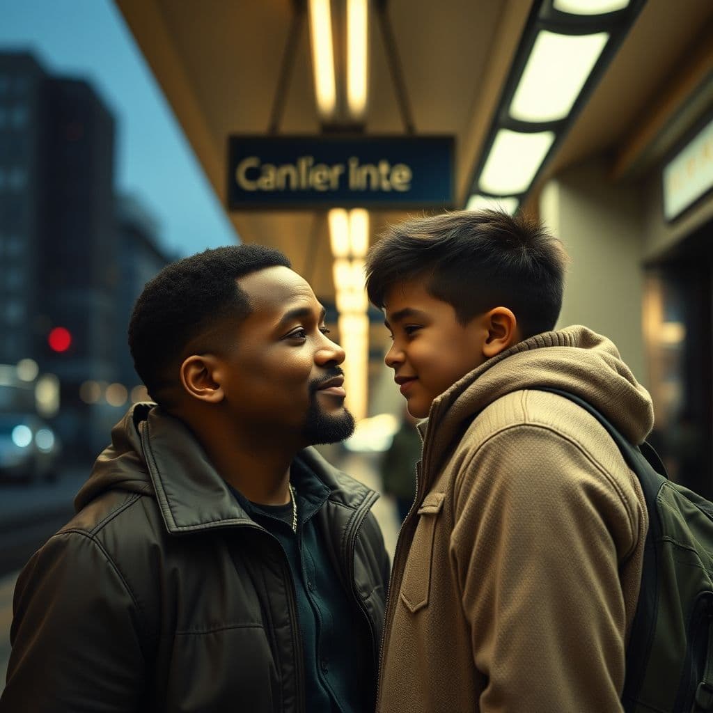 Chris Gardner y su hijo en un momento de complicidad durante sus dificultades.