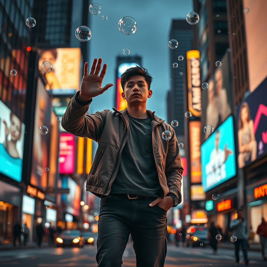 Persona deteniendo pensamientos negativos con la palabra 'Alto'.