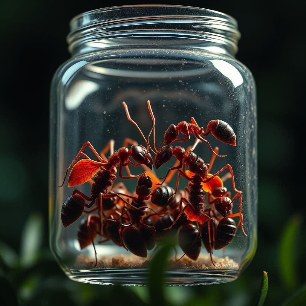 Frasco de vidrio con hormigas rojas y negras en conflicto, simbolizando la división social